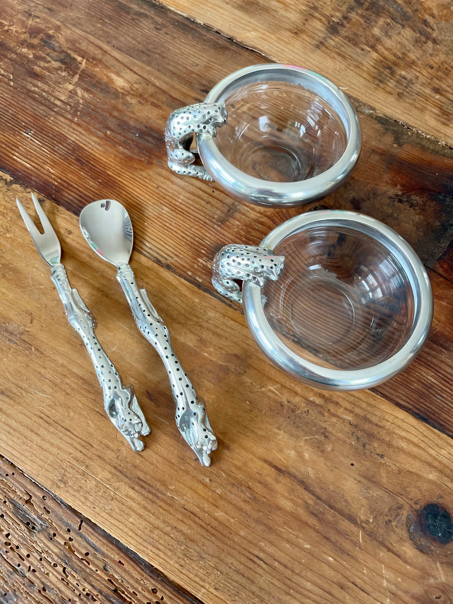 Cheetah Condiment Bowls with spoon and fork