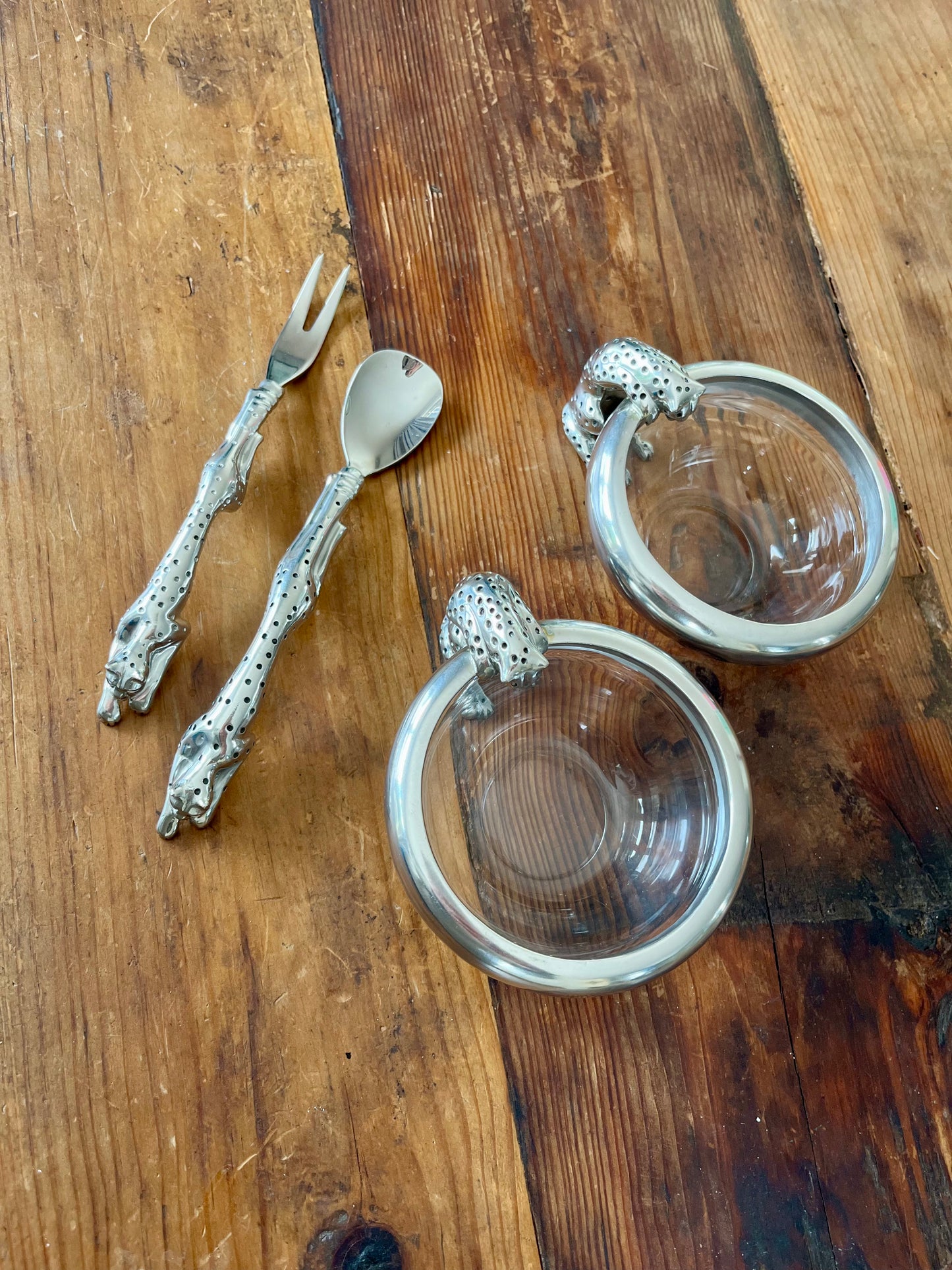 Cheetah Condiment Bowls with spoon and fork