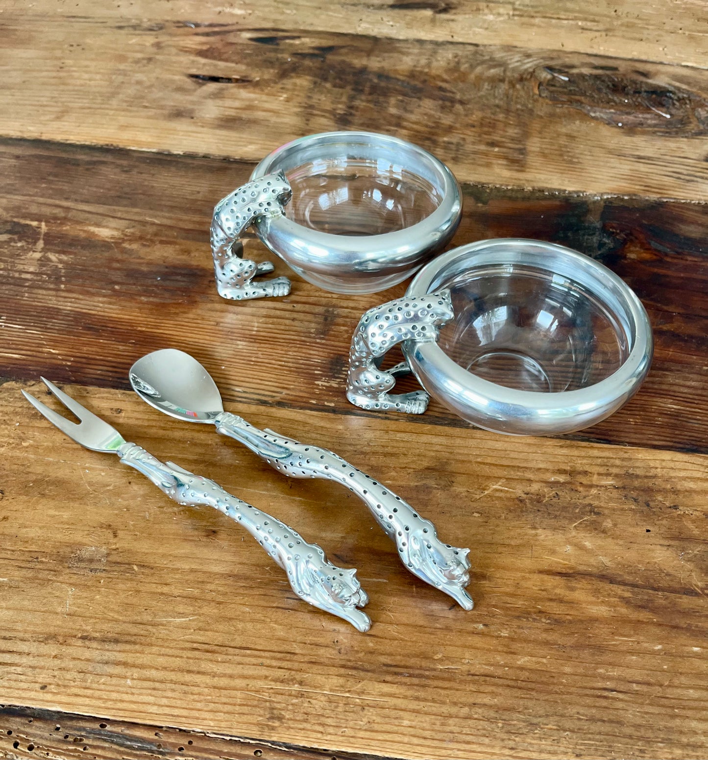 Cheetah Condiment Bowls with spoon and fork