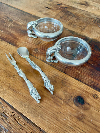 Cheetah Condiment Bowls with spoon and fork