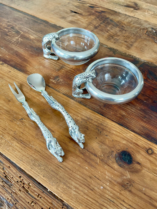 Cheetah Condiment Bowls with spoon and fork